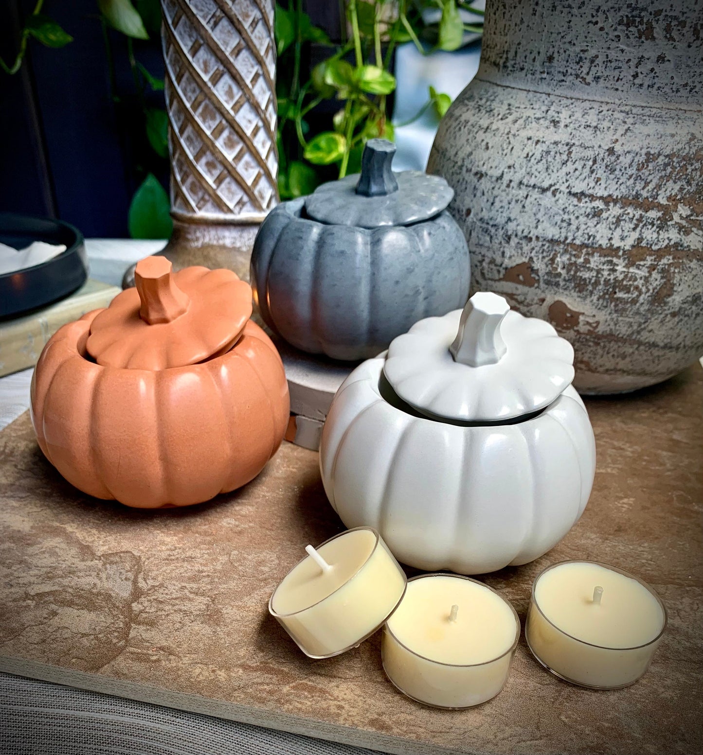 Concrete Pumpkin Tea Light Candle Holder with Lid and Unscented Beeswax and Soy Tealights