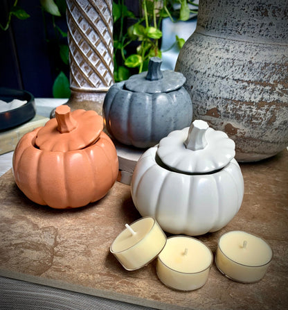 Concrete Pumpkin Tea Light Candle Holder with Lid and Unscented Beeswax and Soy Tealights
