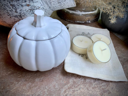 Concrete Pumpkin Tea Light Candle Holder with Lid and Unscented Beeswax and Soy Tealights