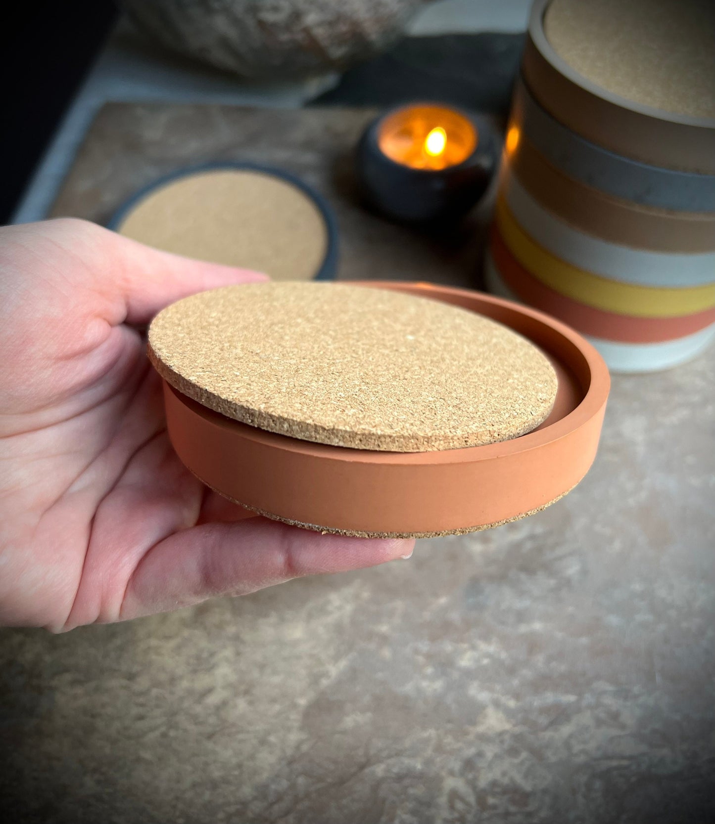 Round Concrete Coasters with Removable Cork Insert