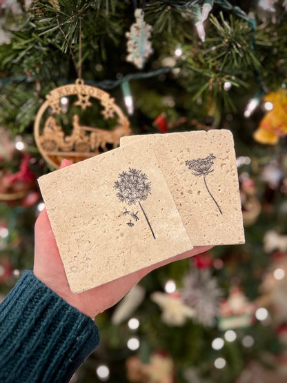 Square Hand Stamped Ink Travertine Coasters