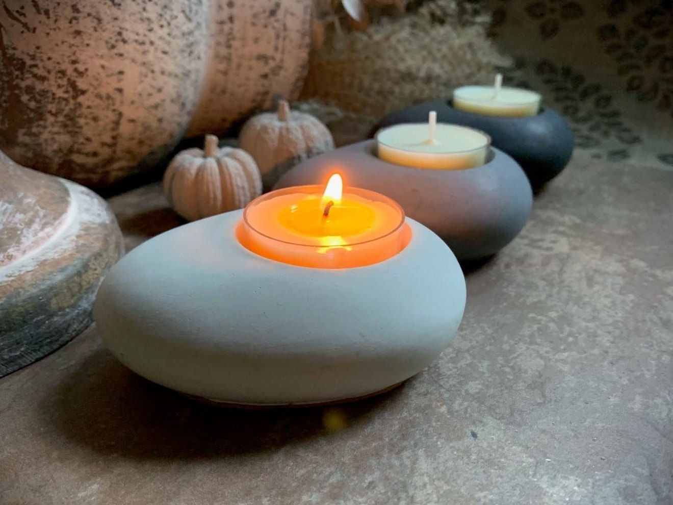 Concrete Pebble Tea Light Candle Holder and Unscented Beeswax and Soy Tealights
