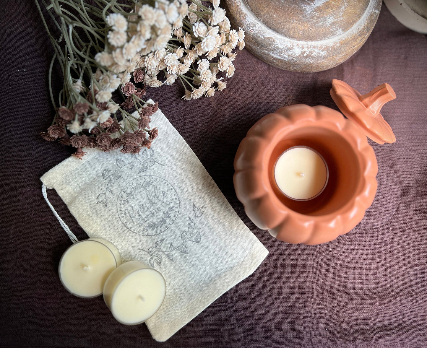 Concrete Pumpkin Tea Light Candle Holder with Lid and Unscented Beeswax and Soy Tealights