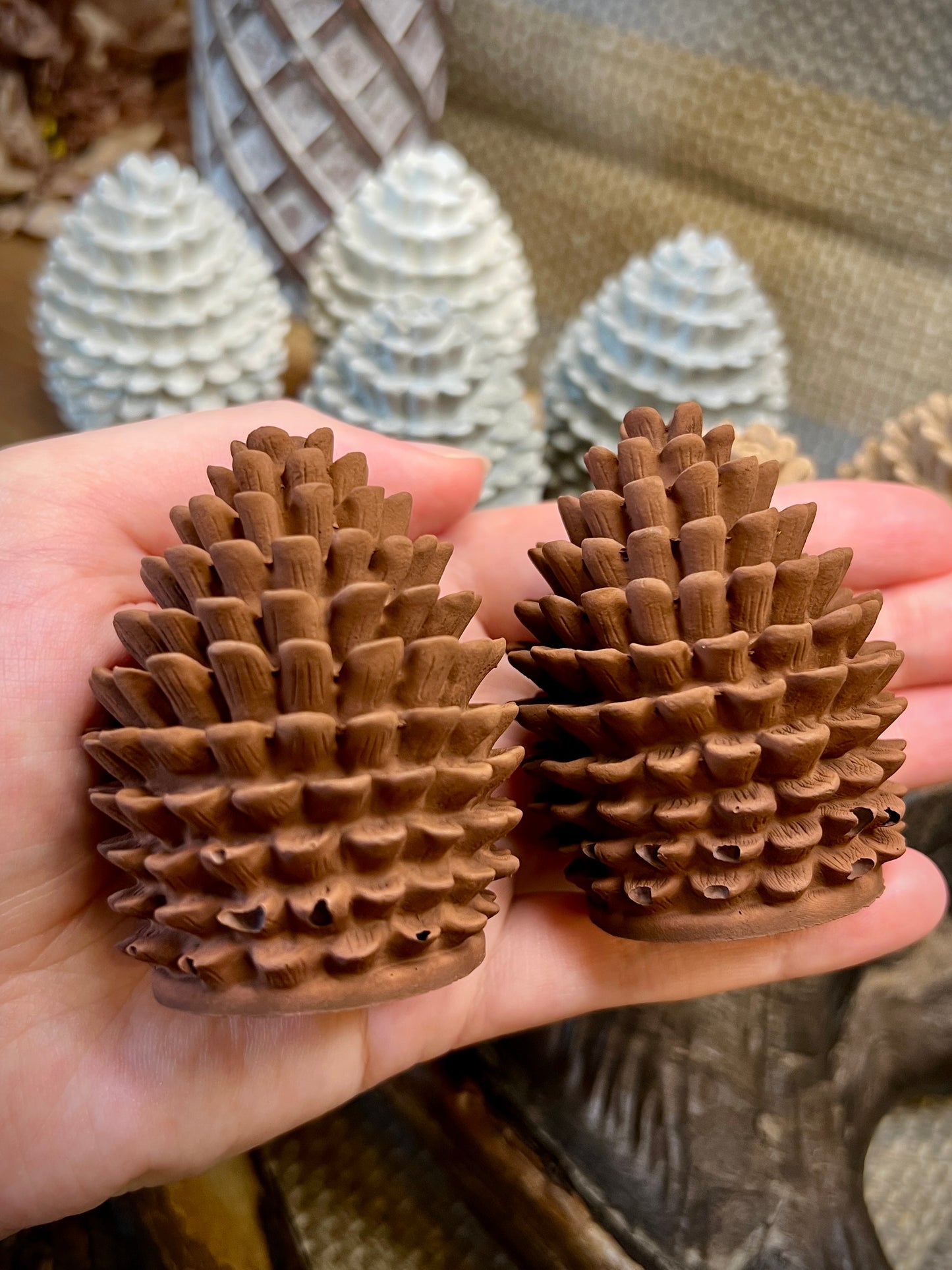 Set of Two Small Concrete Pine Cones