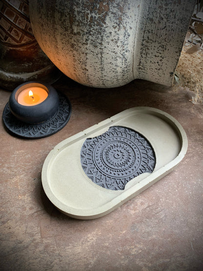Textured Geometric Concrete Coaster in Concrete Oval Tray