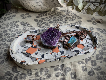 Charcoal, Gray, Terracotta Concrete Terrazzo Coasters & Oval Tray Set