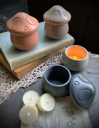 Concrete Mushroom Tea Light Holder and Unscented Beeswax and Soy Tealights