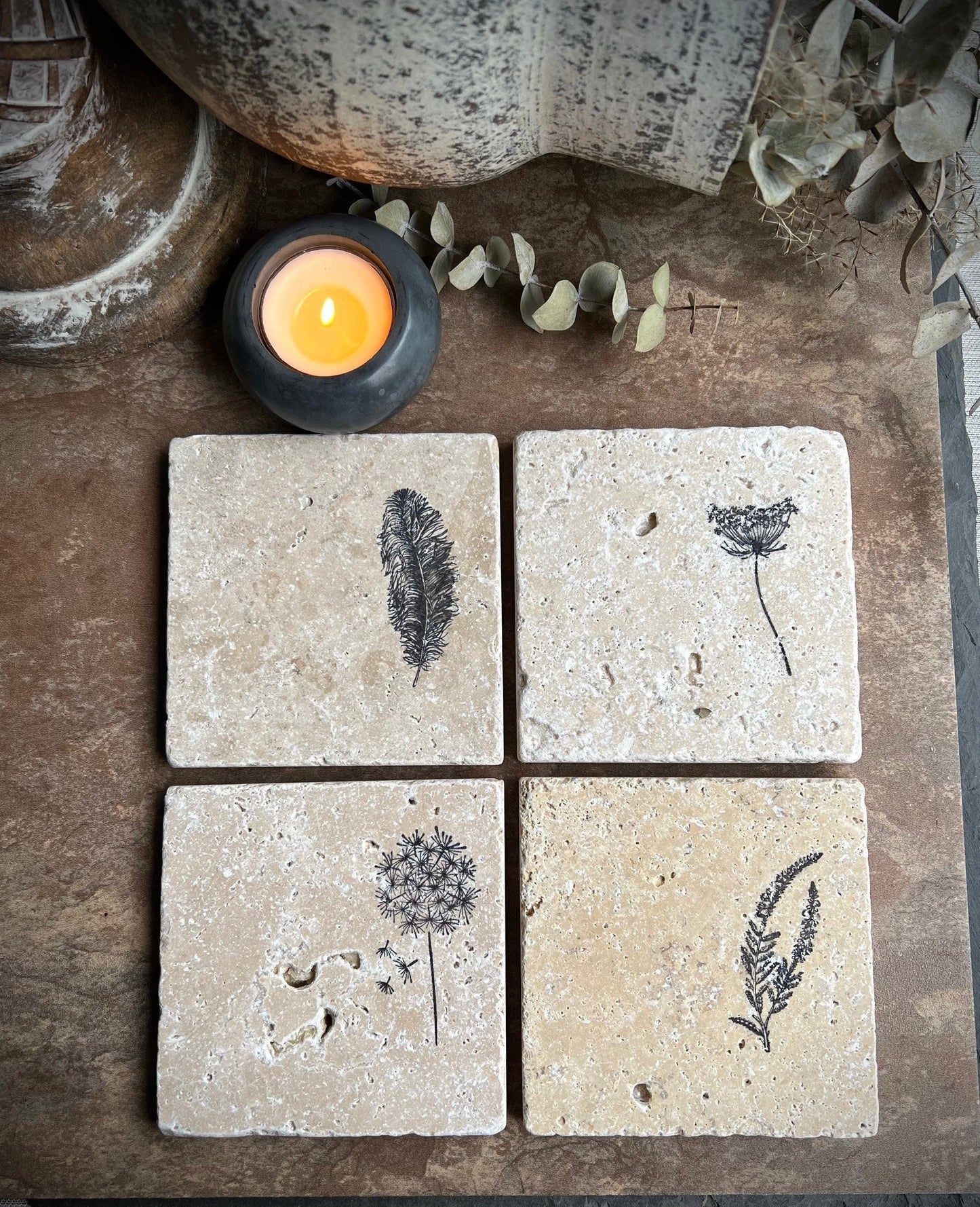 Square Hand Stamped Ink Travertine Coasters