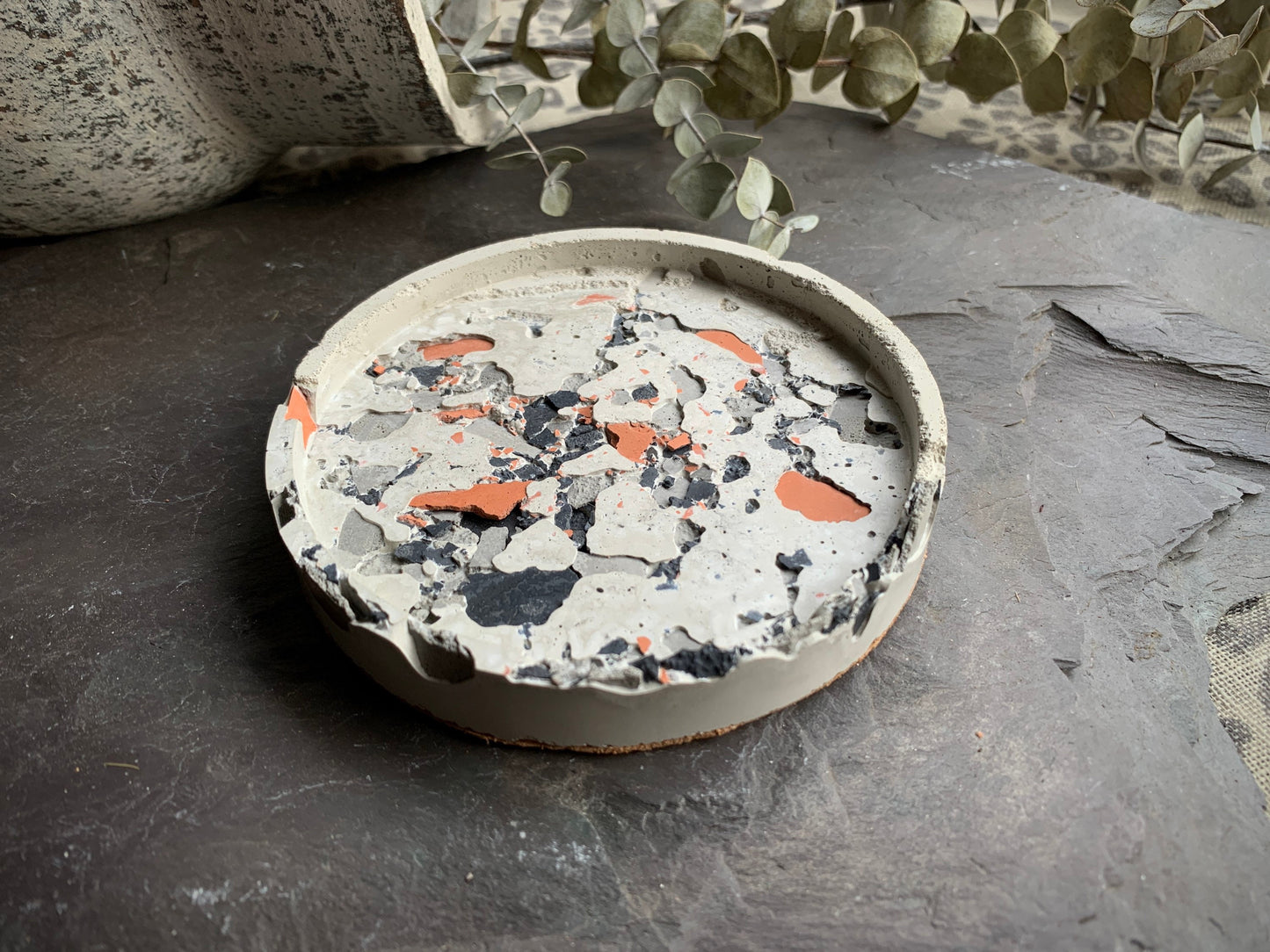 Charcoal, Gray, Terracotta Concrete Terrazzo Coasters & Oval Tray Set
