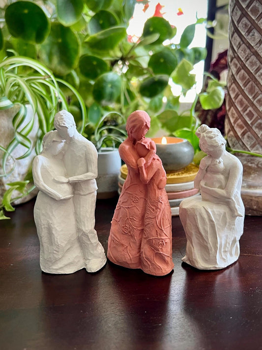 Small Concrete Family Figurines | Mother Child Sculpture | Mother Daughter Statue | Expecting Parent Gift