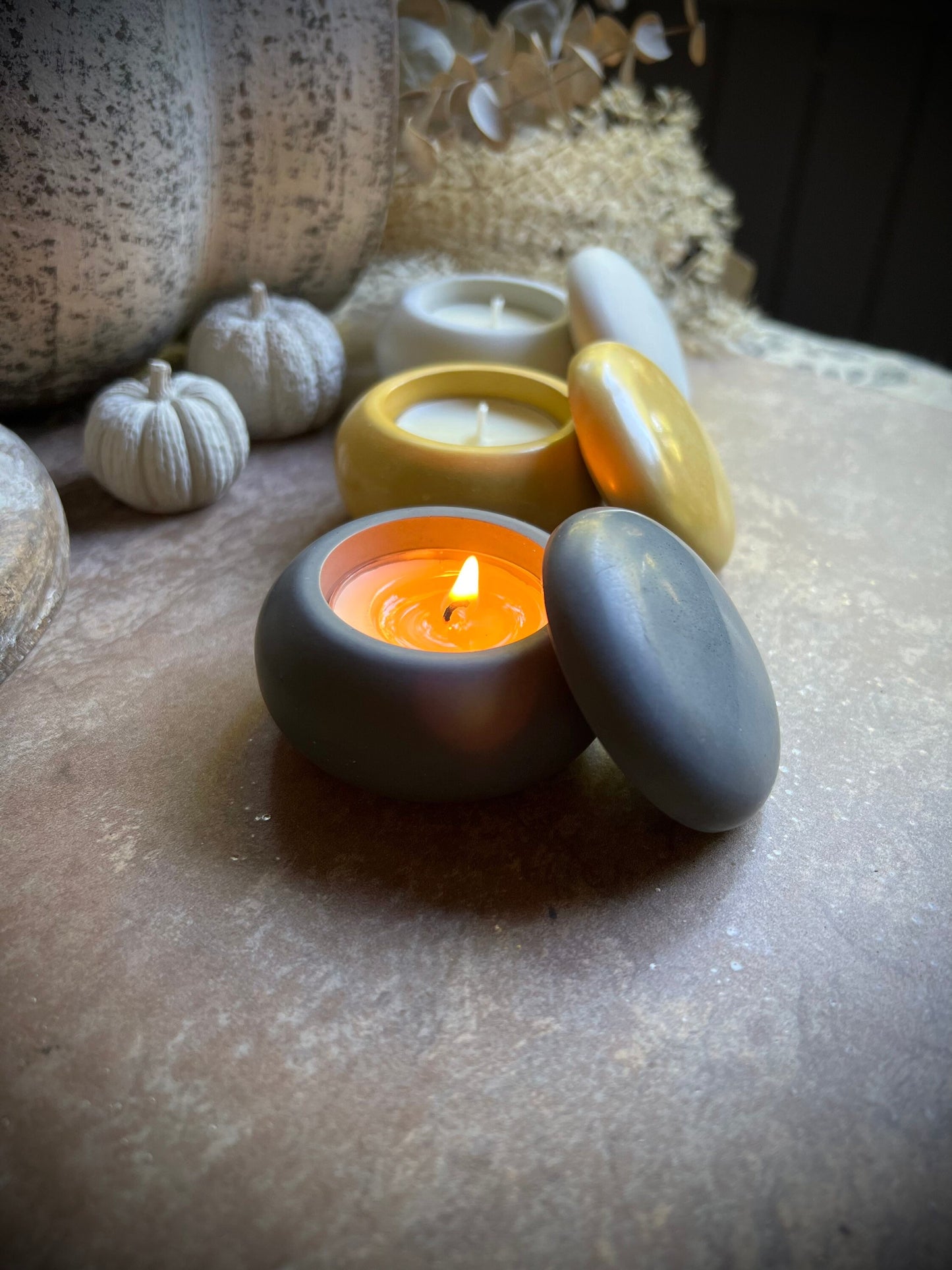 Concrete Tea Light Candle Holder with Lid and Unscented Beeswax and Soy Tealights
