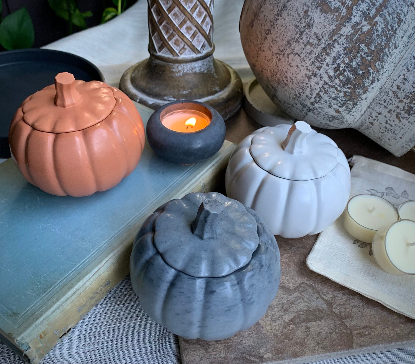 Concrete Pumpkin Tea Light Candle Holder with Lid and Unscented Beeswax and Soy Tealights