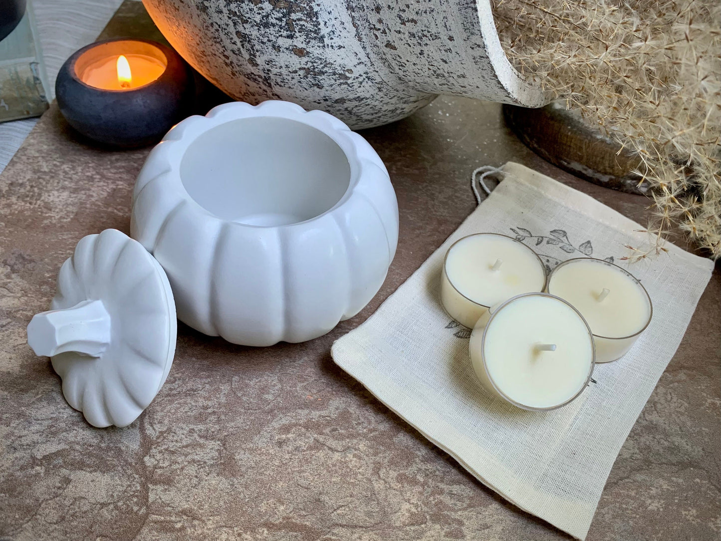 Concrete Pumpkin Tea Light Candle Holder with Lid and Unscented Beeswax and Soy Tealights