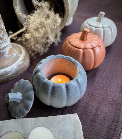 Concrete Pumpkin Tea Light Candle Holder with Lid and Unscented Beeswax and Soy Tealights
