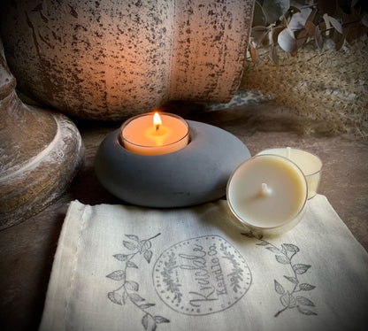 Concrete Pebble Tea Light Candle Holder and Unscented Beeswax and Soy Tealights