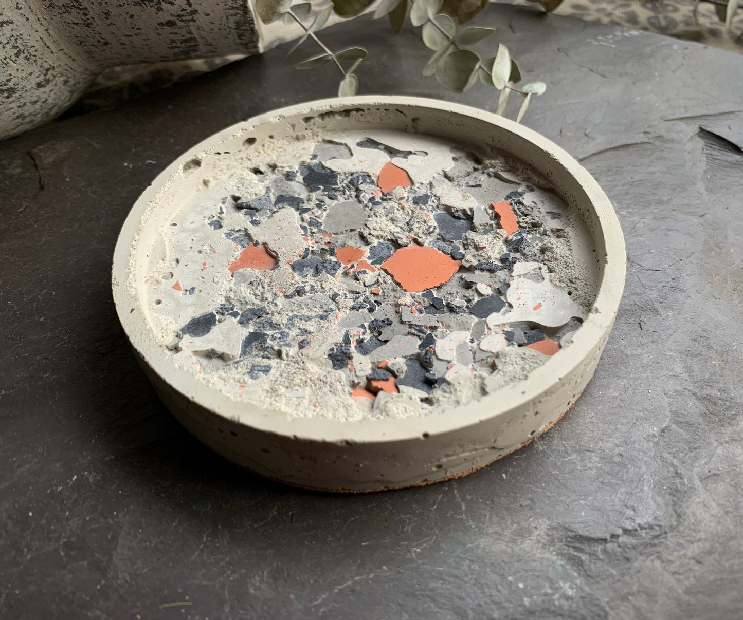 Charcoal, Gray, Terracotta Concrete Terrazzo Coasters & Oval Tray Set