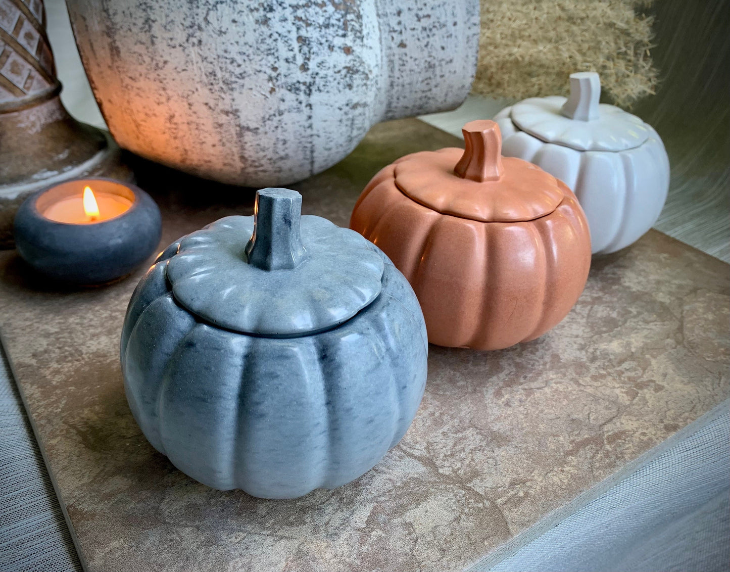 Concrete Pumpkin Tea Light Candle Holder with Lid and Unscented Beeswax and Soy Tealights