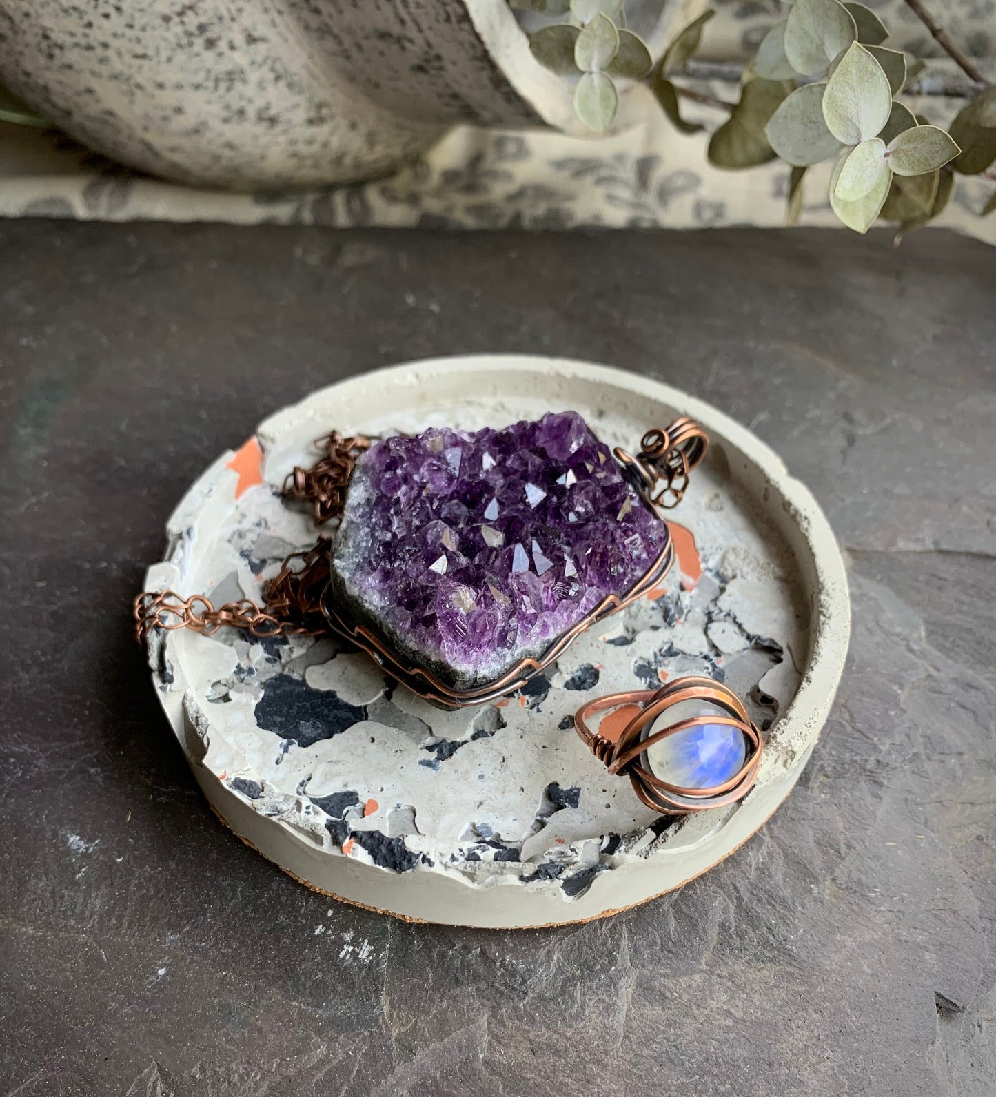 Charcoal, Gray, Terracotta Concrete Terrazzo Coasters & Oval Tray Set