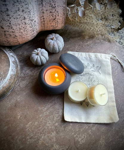 Concrete Tea Light Candle Holder with Lid and Unscented Beeswax and Soy Tealights