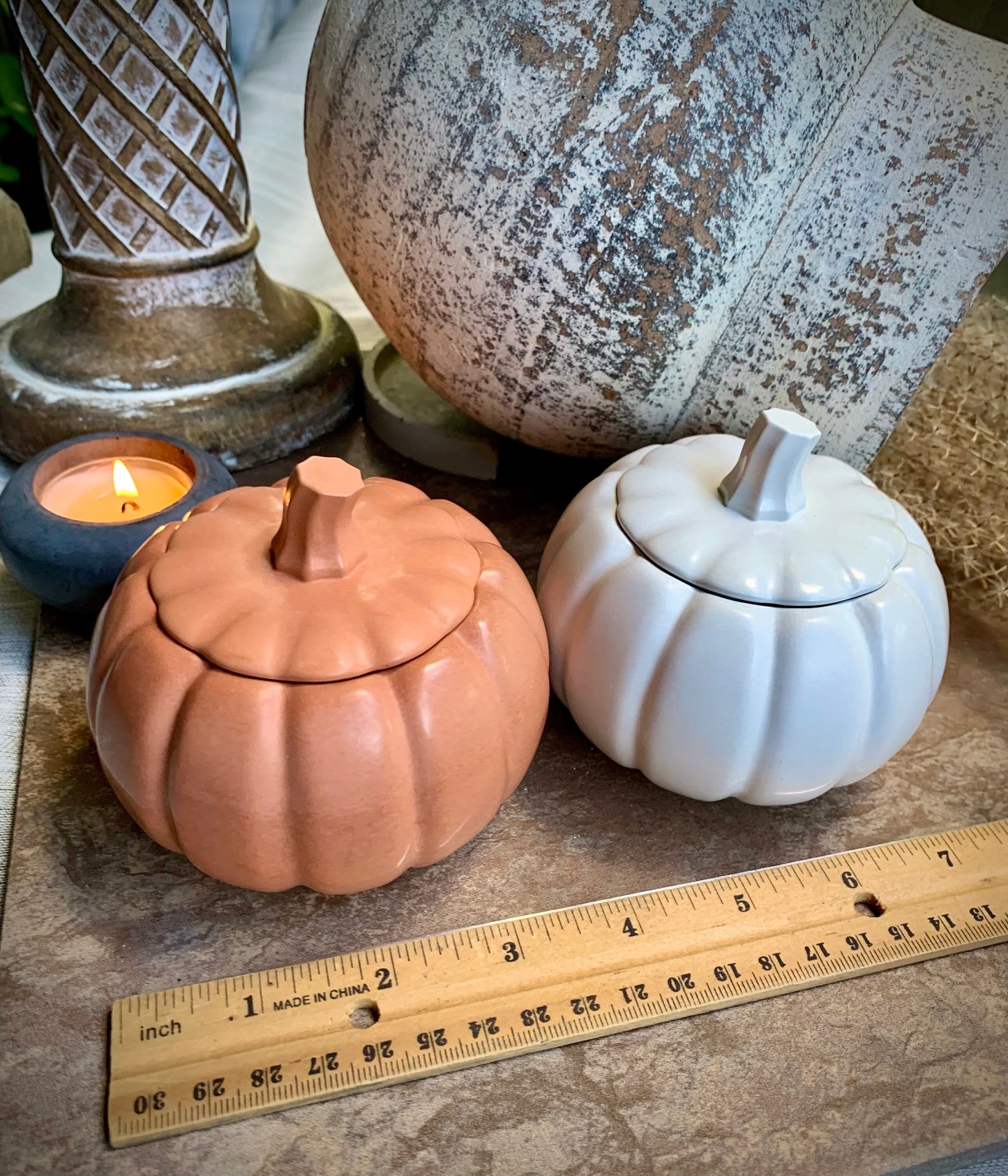Concrete Pumpkin Tea Light Candle Holder with Lid and Unscented Beeswax and Soy Tealights