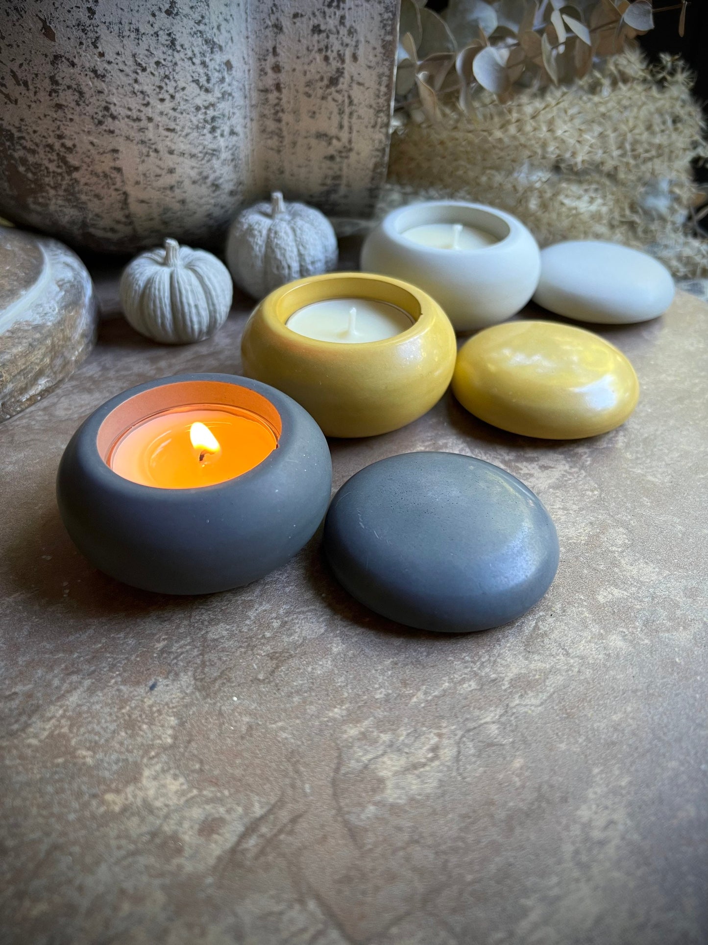 Concrete Tea Light Candle Holder with Lid and Unscented Beeswax and Soy Tealights