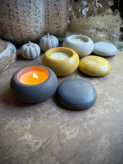 Concrete Tea Light Candle Holder with Lid and Unscented Beeswax and Soy Tealights