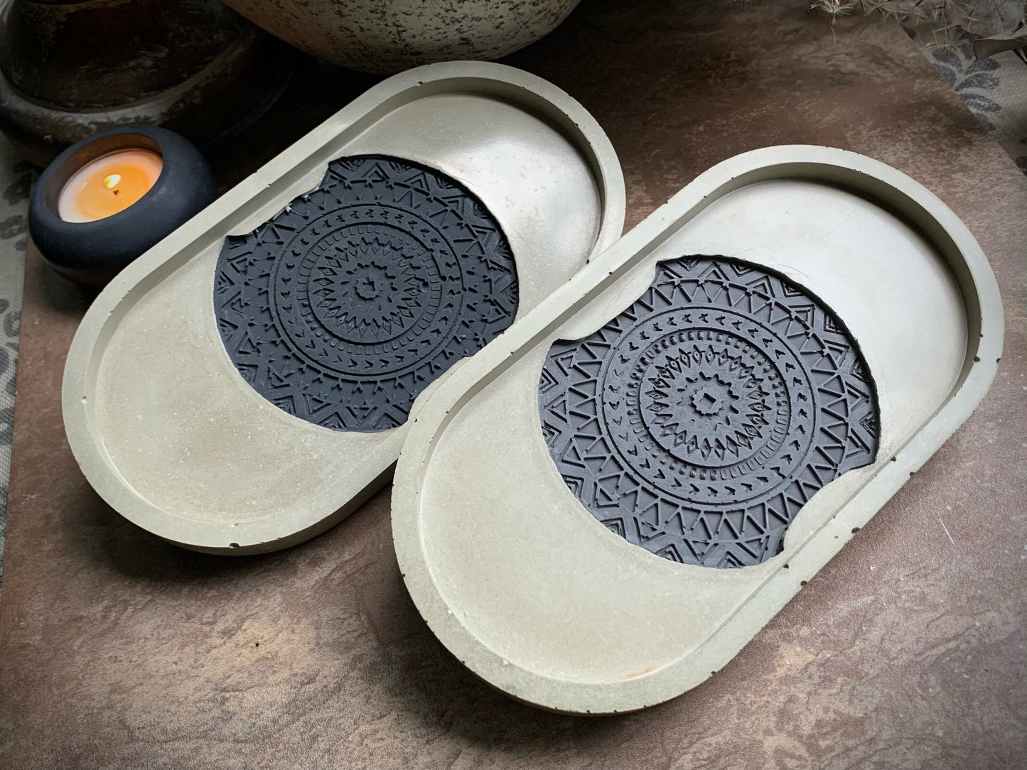 Textured Geometric Concrete Coaster in Concrete Oval Tray