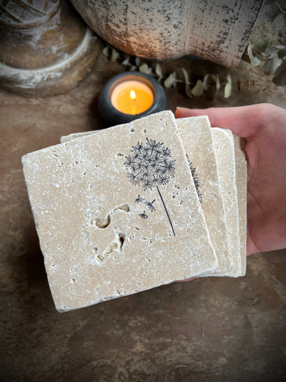Square Hand Stamped Ink Travertine Coasters