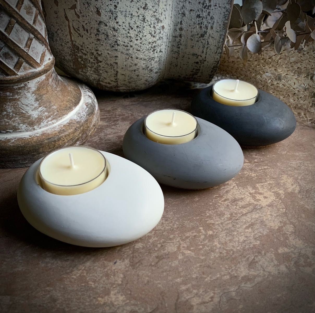 Concrete Pebble Tea Light Candle Holder and Unscented Beeswax and Soy Tealights