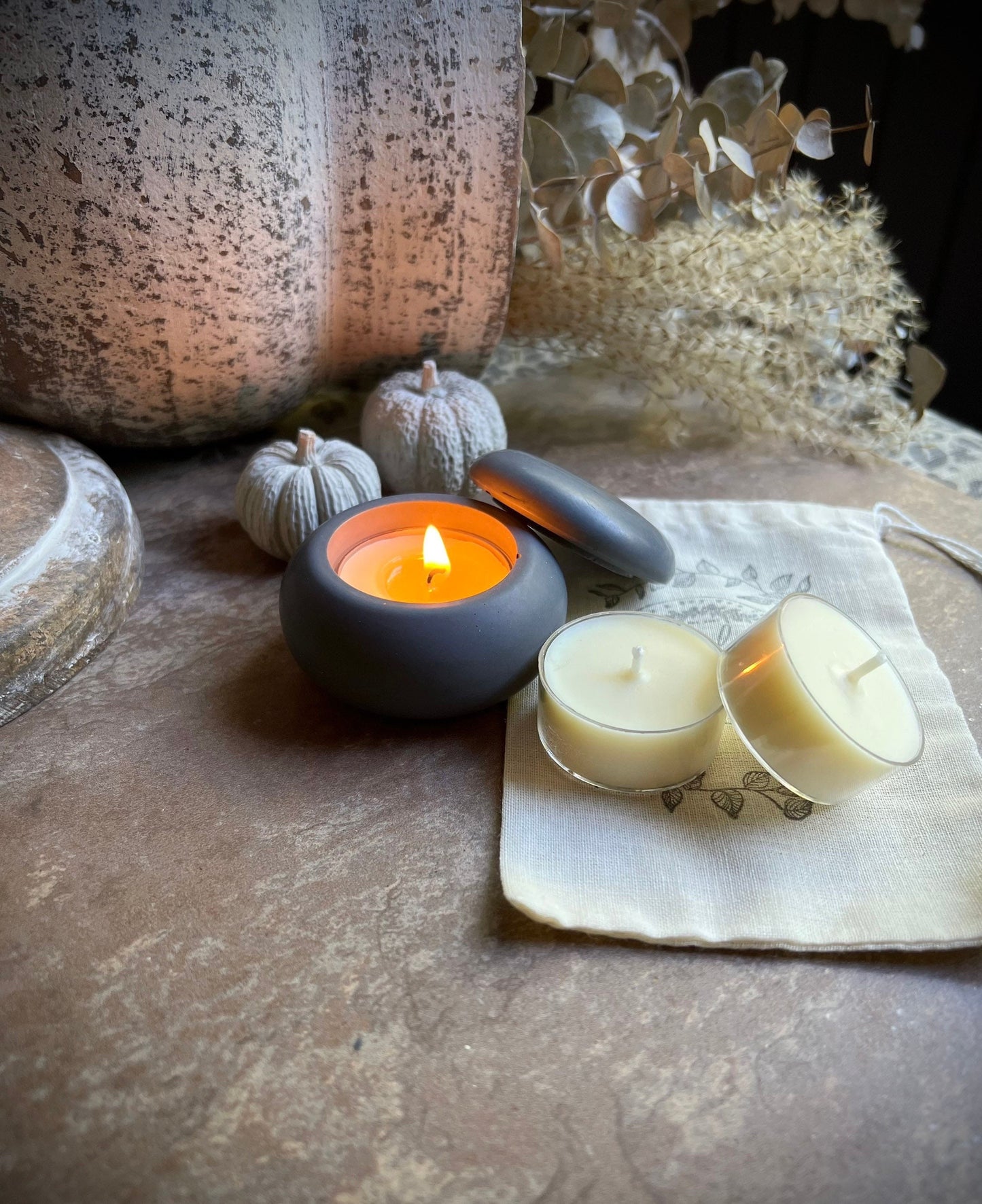 Concrete Tea Light Candle Holder with Lid and Unscented Beeswax and Soy Tealights