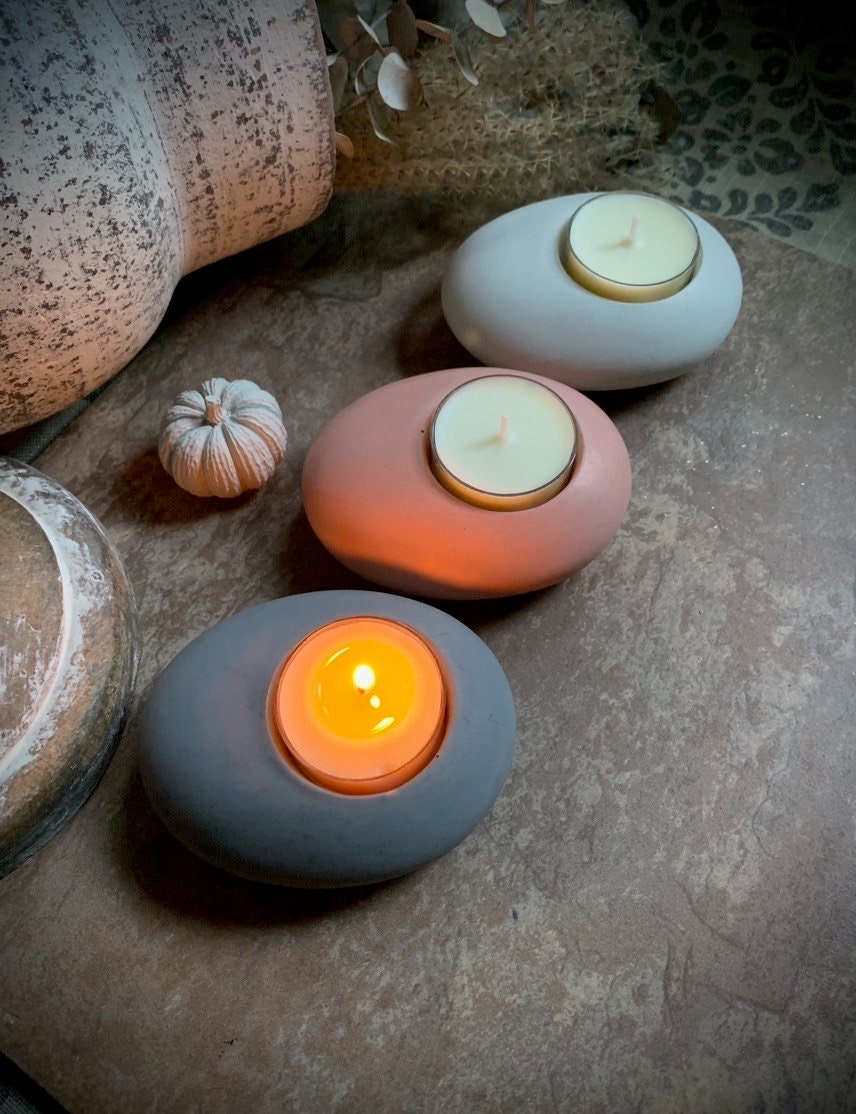 Concrete Pebble Tea Light Candle Holder and Unscented Beeswax and Soy Tealights