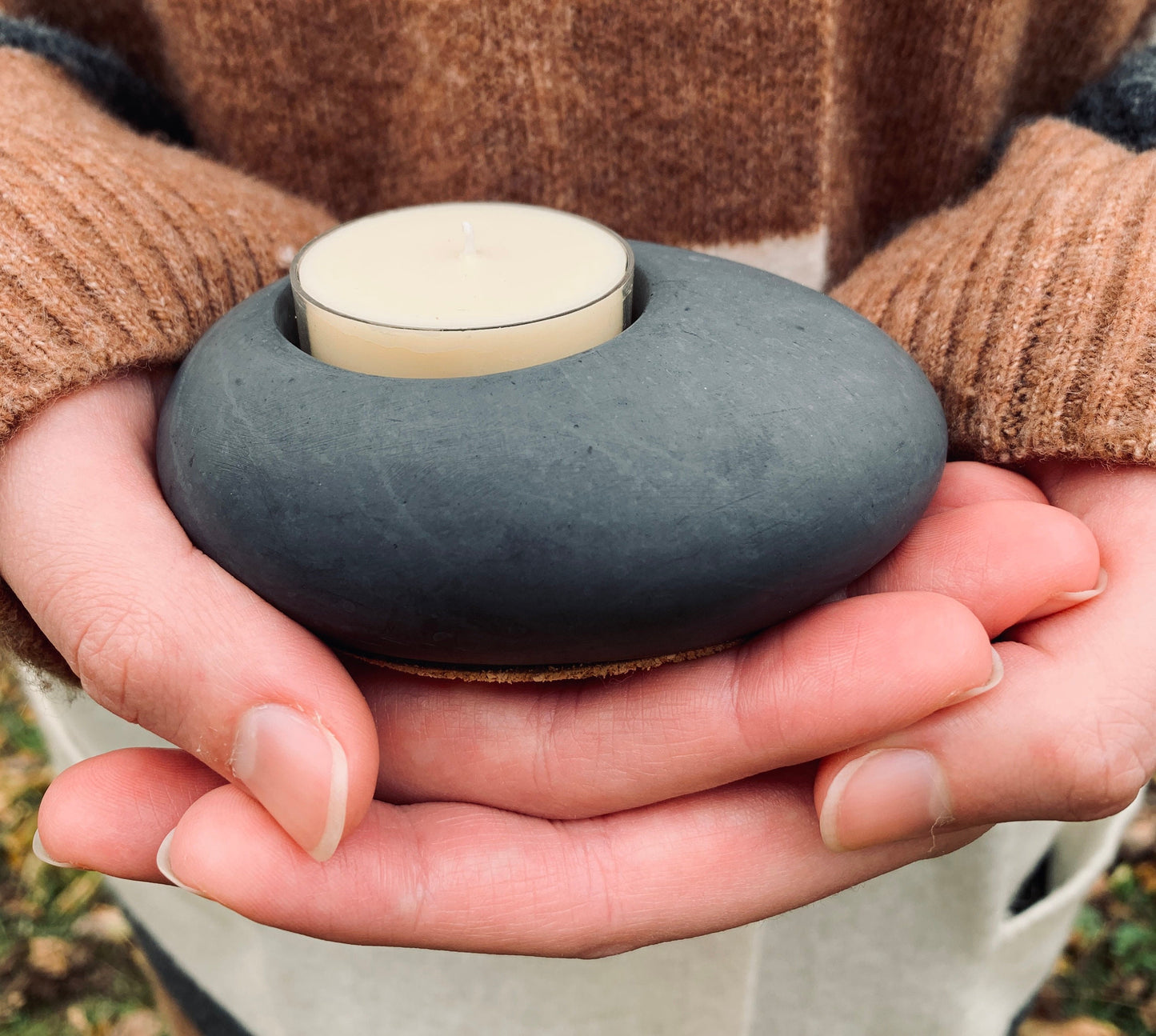Concrete Pebble Tea Light Candle Holder and Unscented Beeswax and Soy Tealights