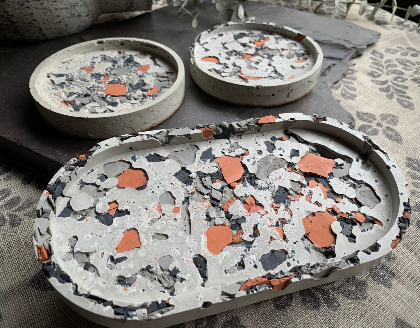Charcoal, Gray, Terracotta Concrete Terrazzo Coasters & Oval Tray Set
