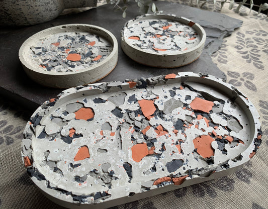 Charcoal, Gray, Terracotta Concrete Terrazzo Coasters & Oval Tray Set