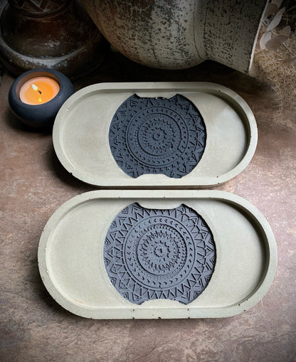 Textured Geometric Concrete Coaster in Concrete Oval Tray