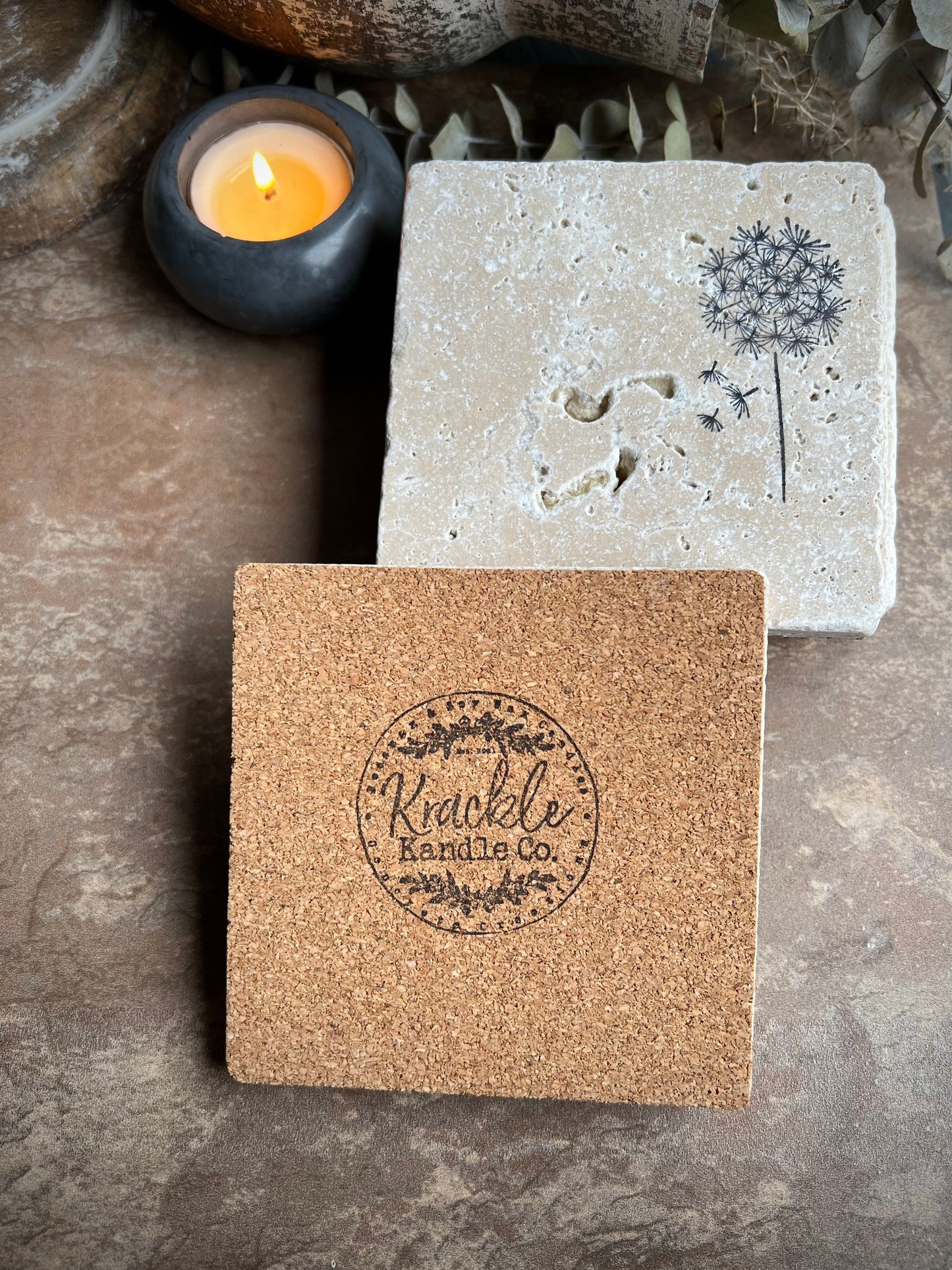 Square Hand Stamped Ink Travertine Coasters
