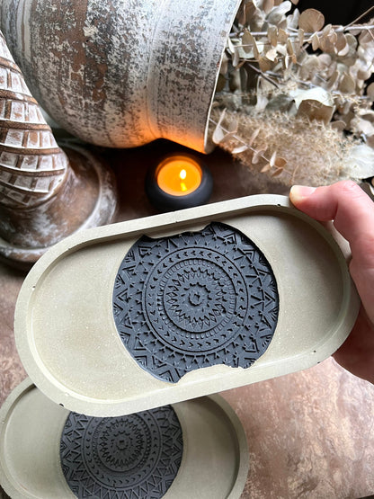 Textured Geometric Concrete Coaster in Concrete Oval Tray