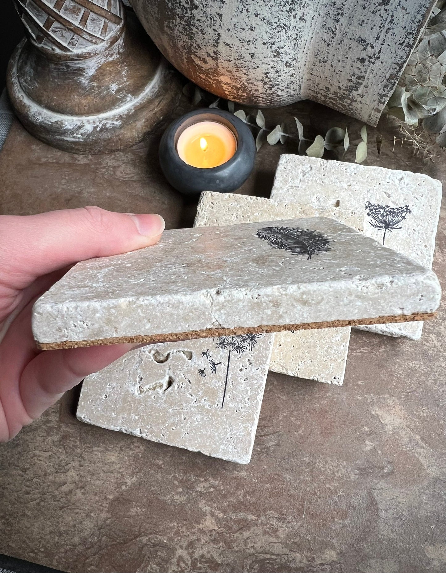 Square Hand Stamped Ink Travertine Coasters