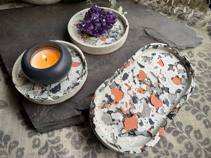 Charcoal, Gray, Terracotta Concrete Terrazzo Coasters & Oval Tray Set