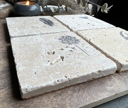 Square Hand Stamped Ink Travertine Coasters