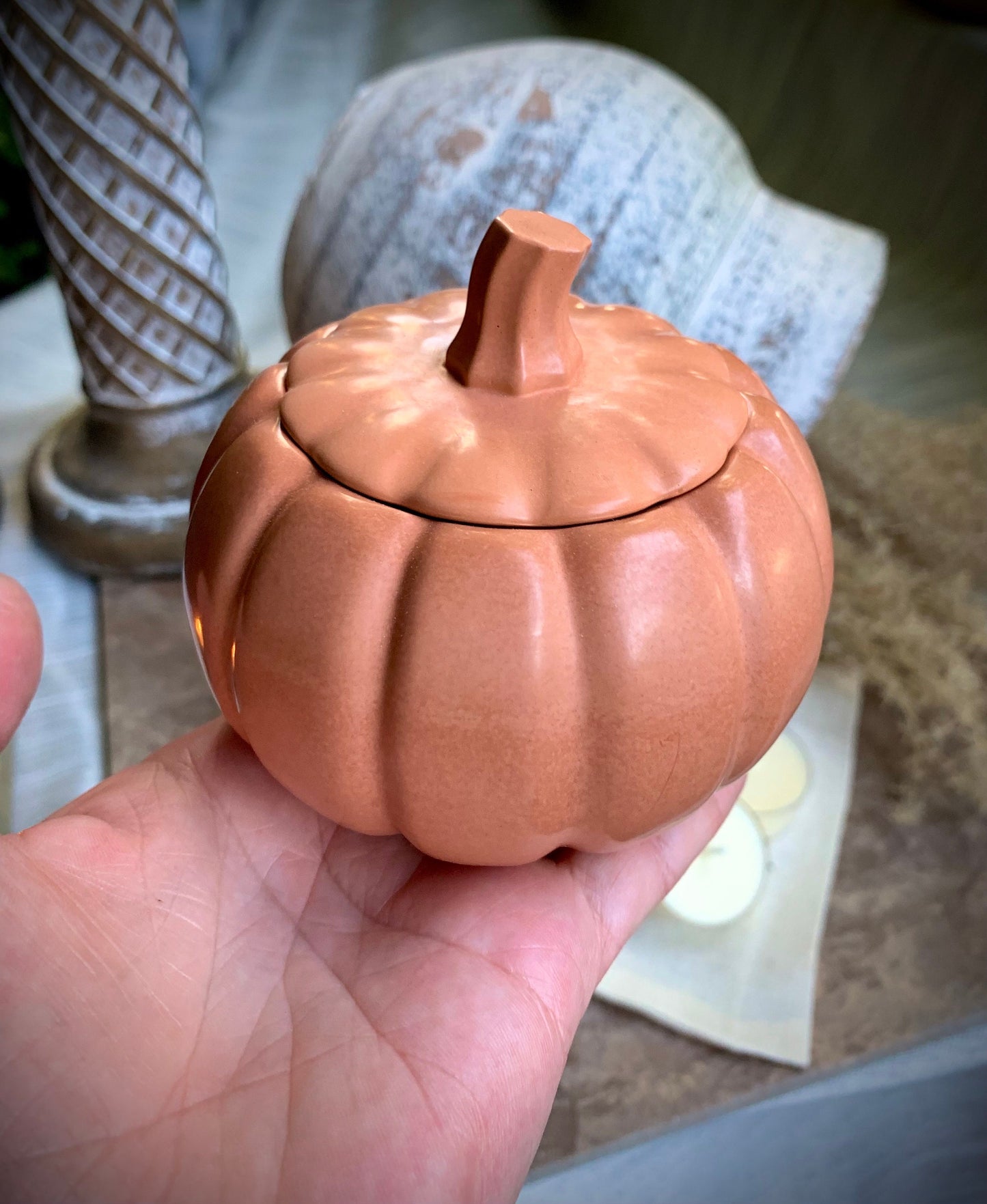 Concrete Pumpkin Tea Light Candle Holder with Lid and Unscented Beeswax and Soy Tealights